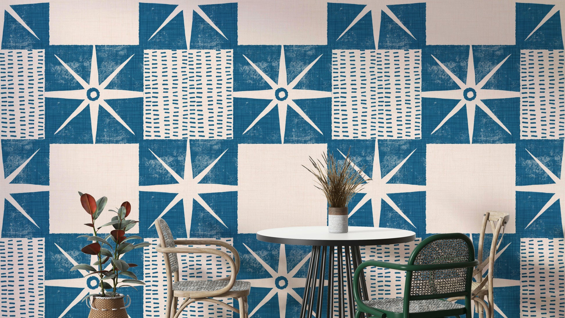 Retro starburst quilt block pattern in indigo blue

