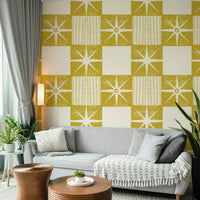 Minimalist mustard yellow quilt block wall covering

