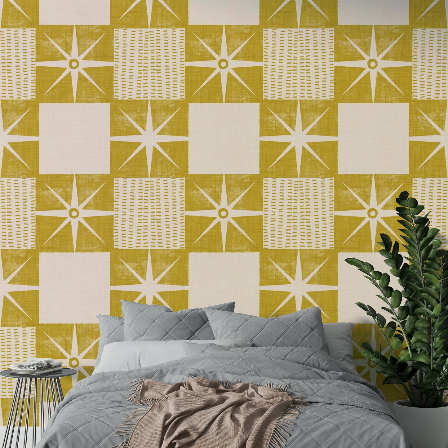 Geometric starburst quilt block wallpaper mustard tone

