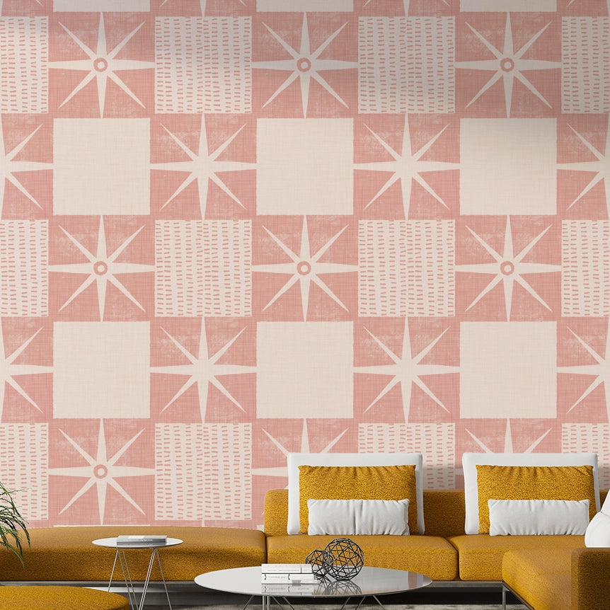 Vintage mid-century starburst quilt block wallpaper design

