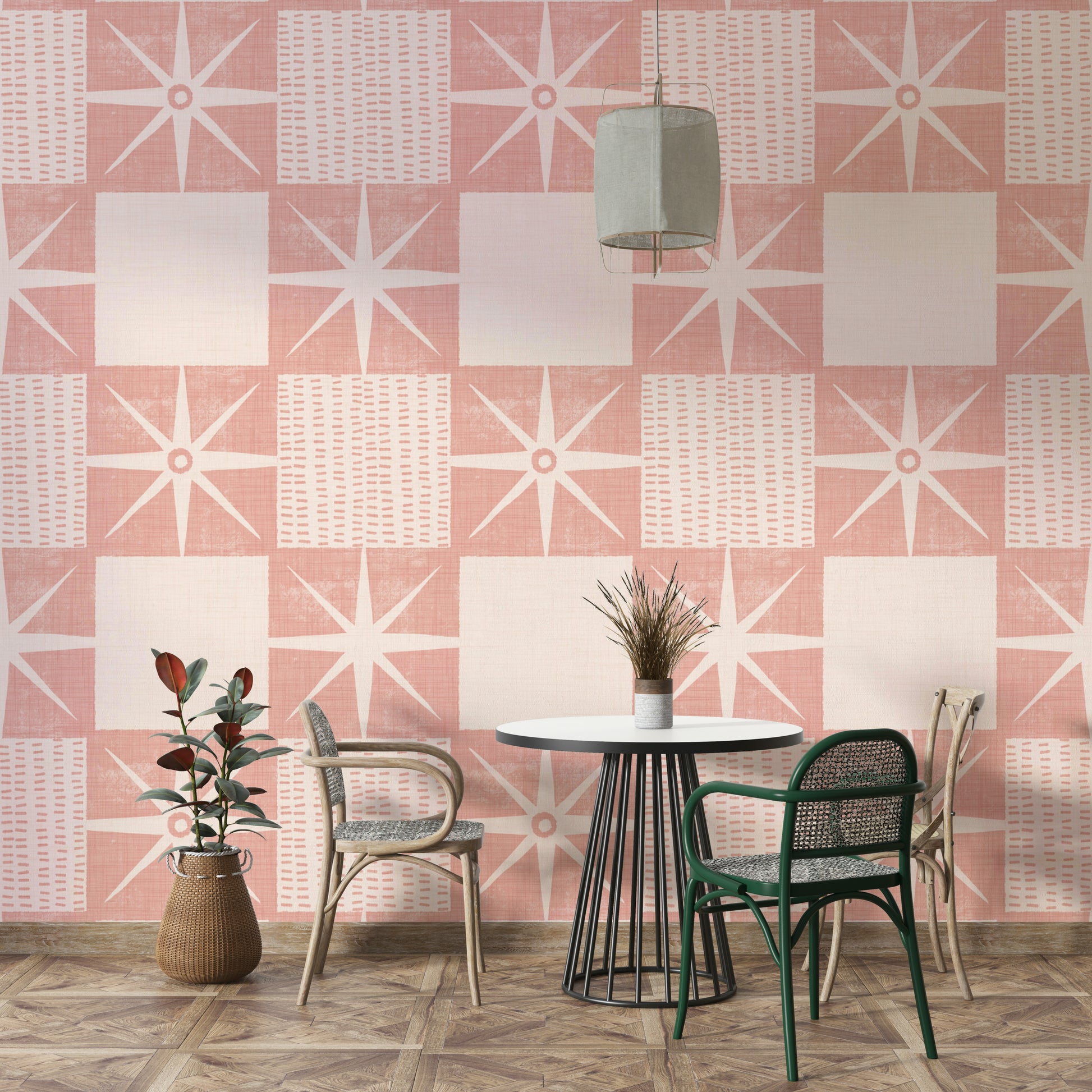 Soft pink retro starburst wallpaper with clean lines

