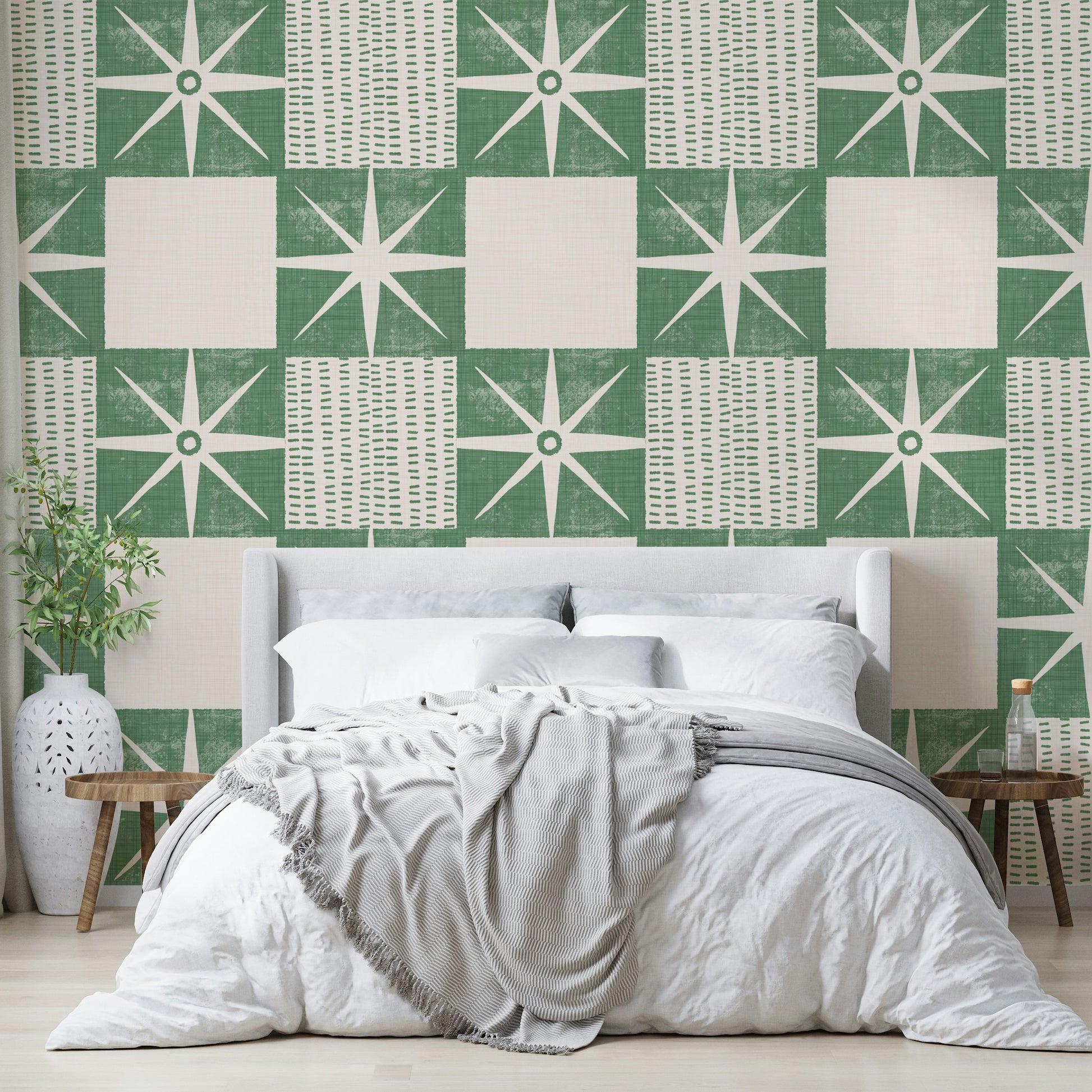Mid-century quilt block starburst wallpaper pattern

