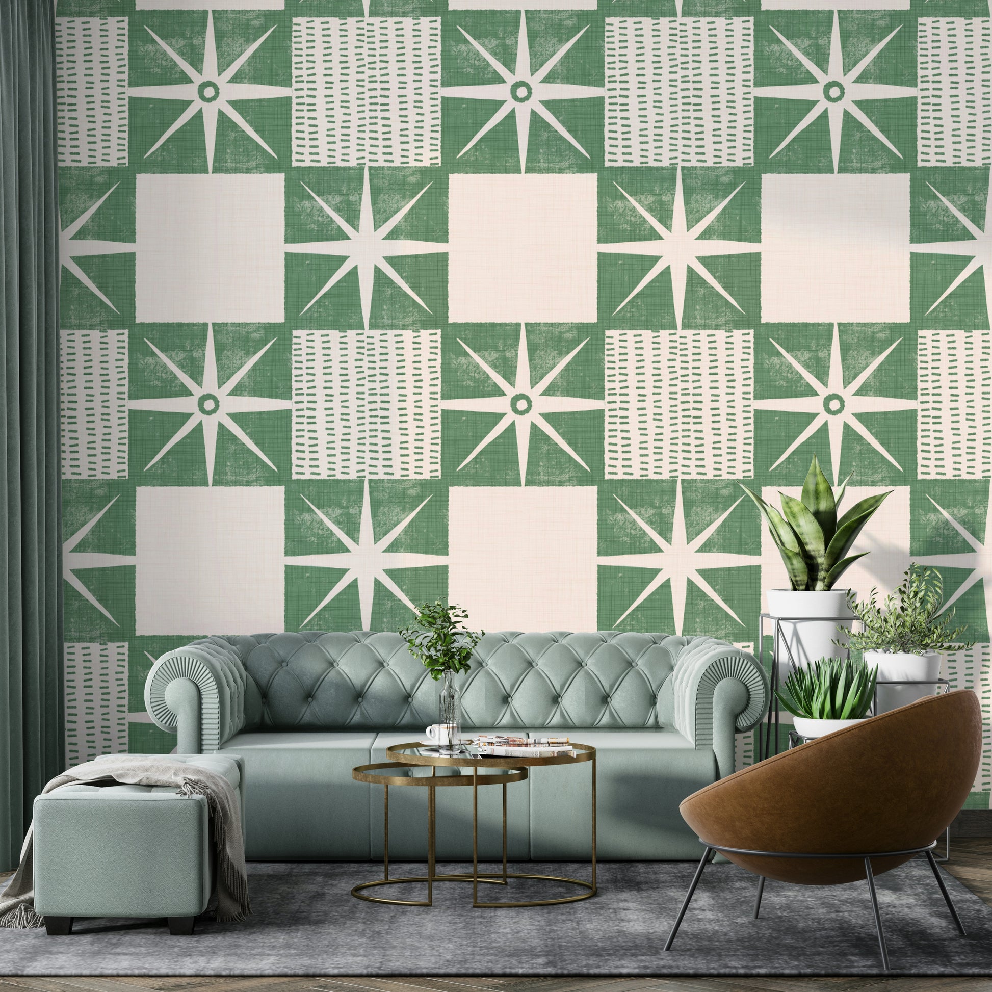 Simple retro starburst wallpaper in muted sage tones

