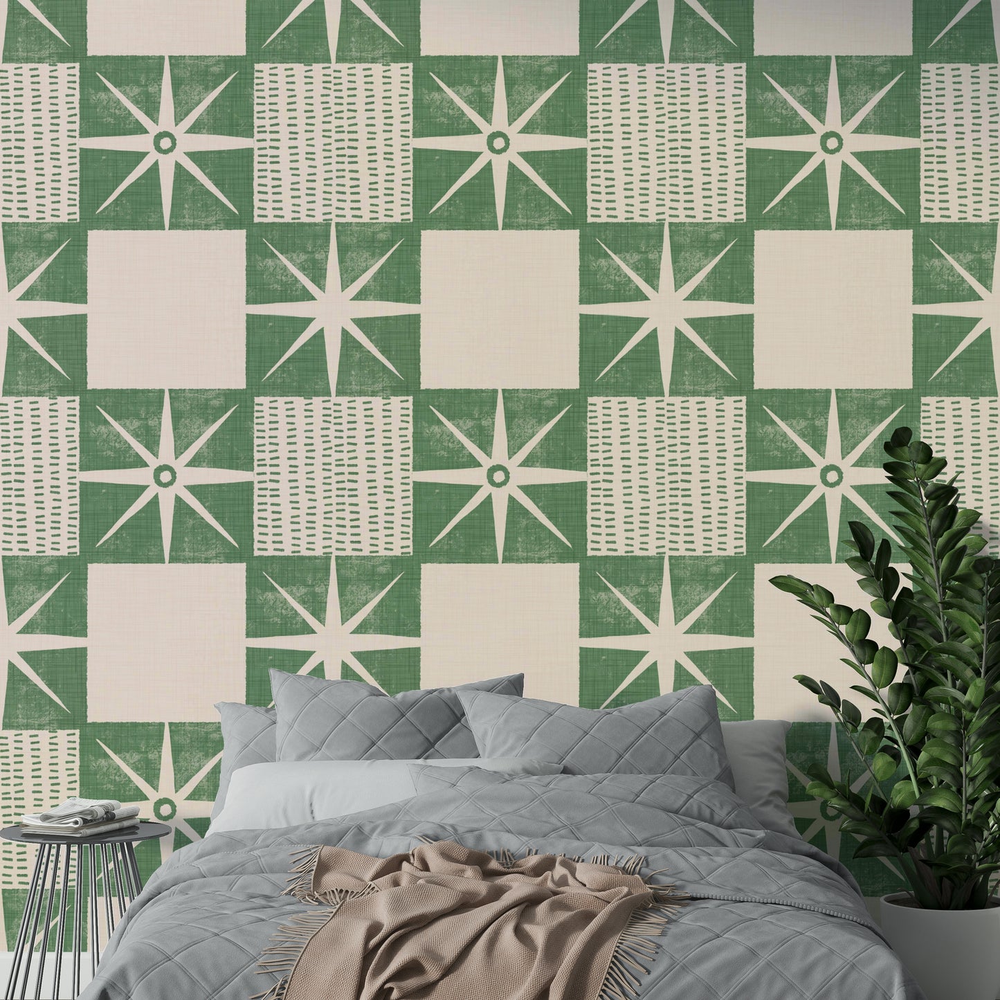 Mid-century modern wallpaper with starburst motif

