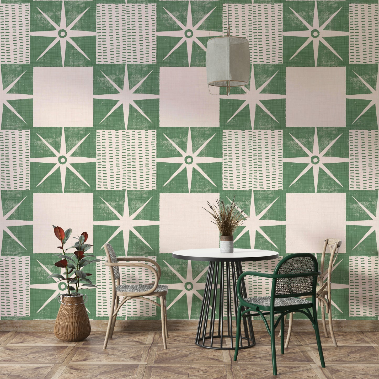 Vintage-inspired starburst quilt block wallpaper

