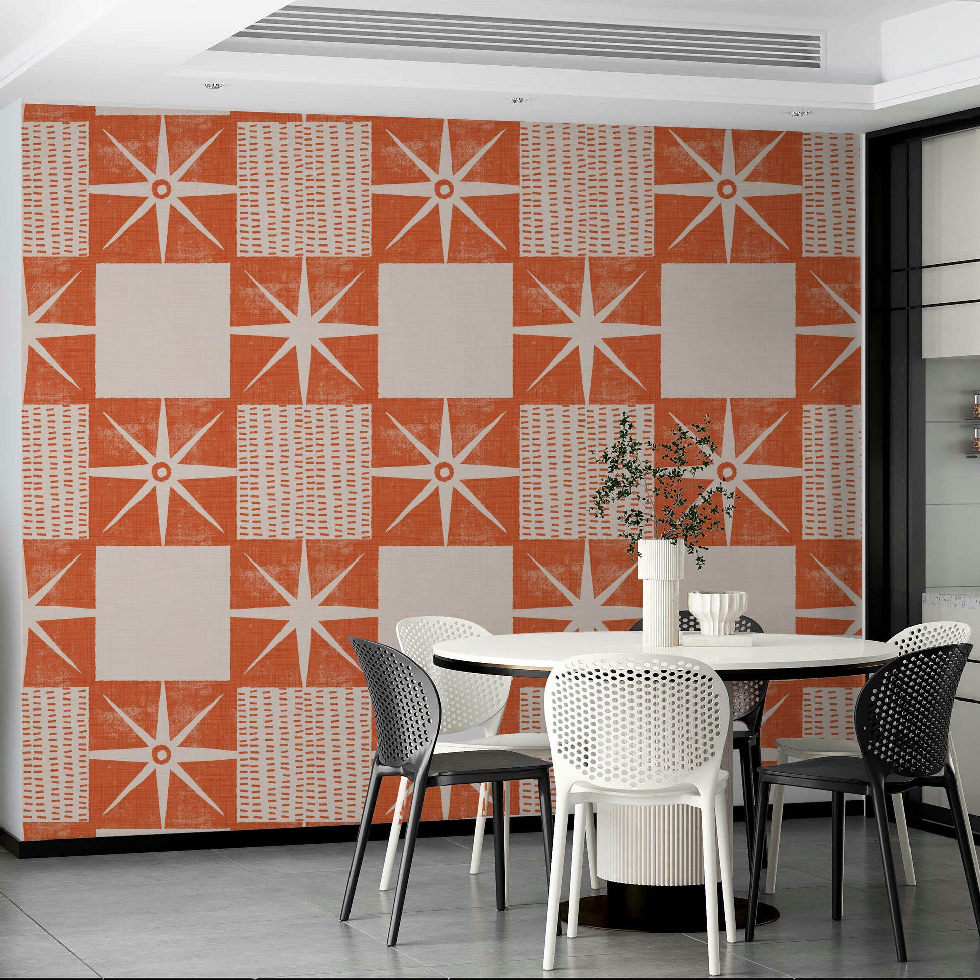 Minimalist mid-century salmon orange starburst wallpaper


