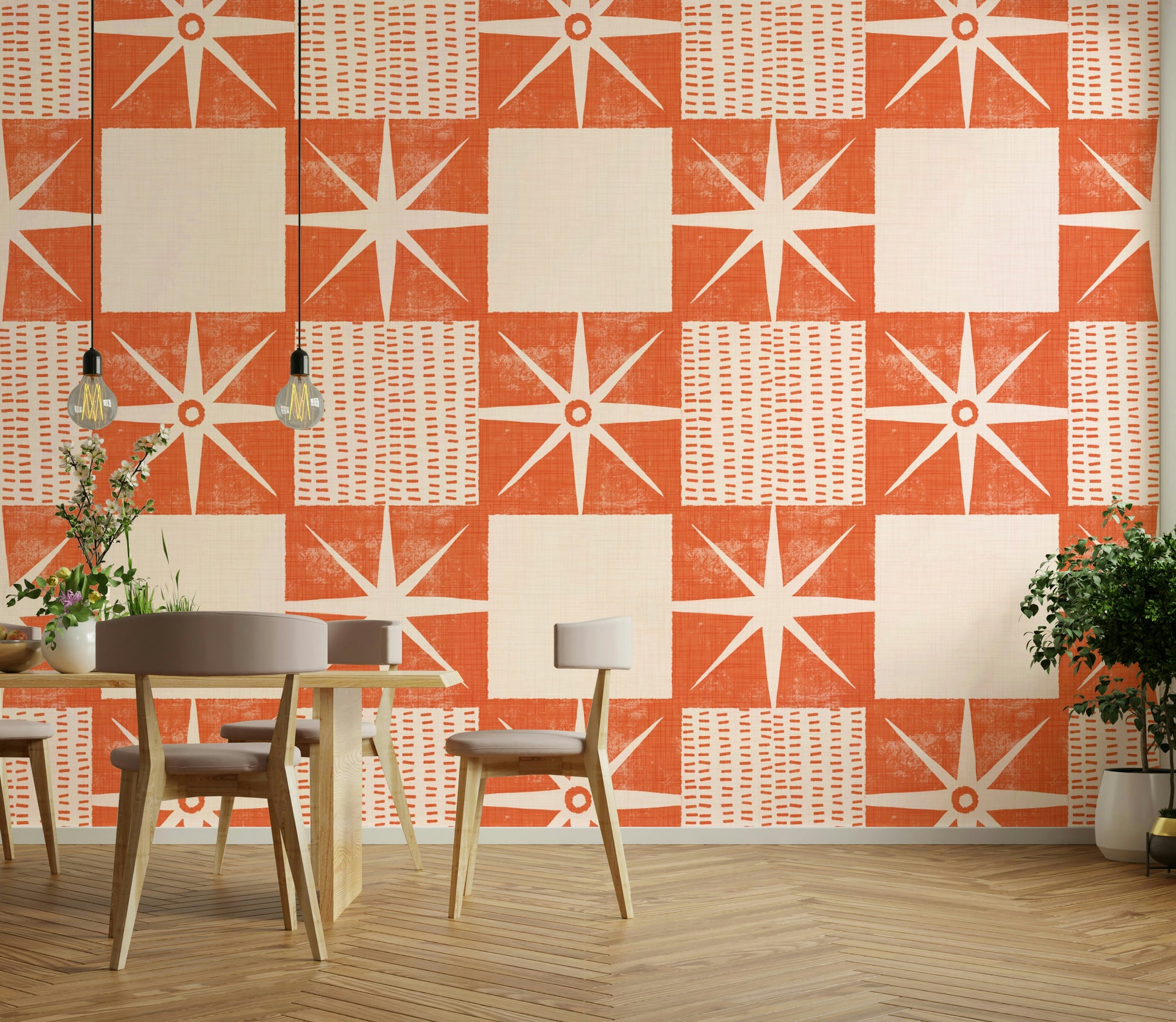 Retro quilt block wallpaper with salmon orange tones

