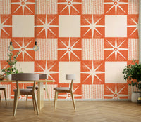 Retro quilt block wallpaper with salmon orange tones

