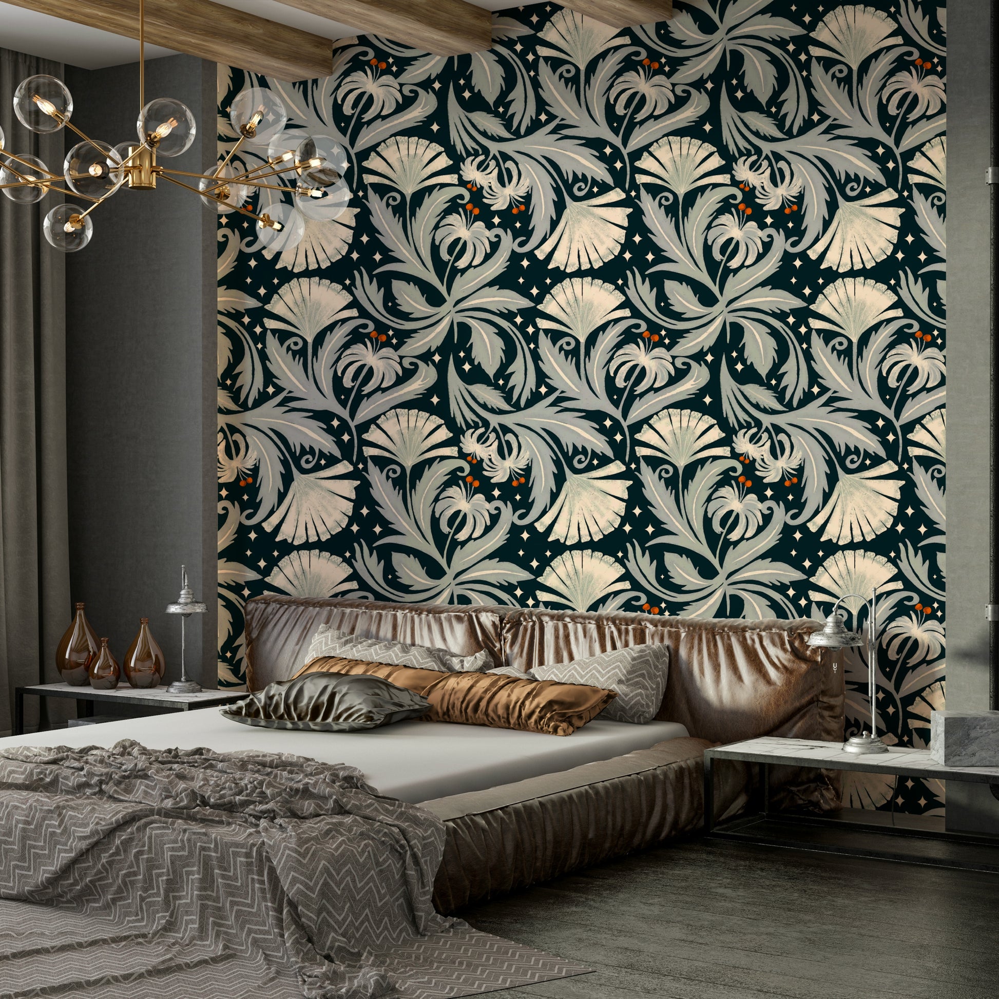 Stylish vintage floral wallpaper in deep black shades

