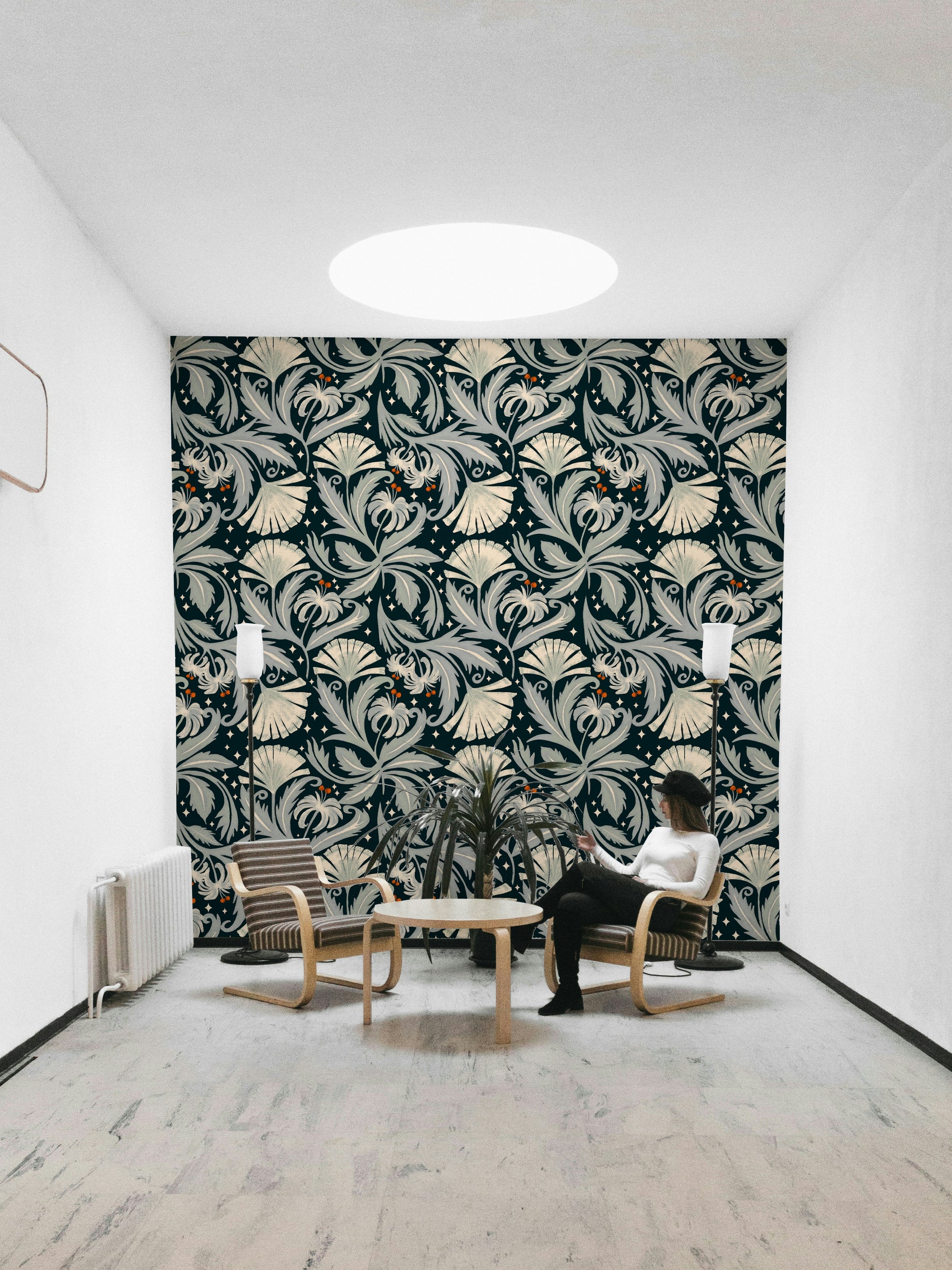 Midnight black wallpaper with intricate vintage florals

