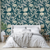 Midnight teal vintage botanical wallpaper for walls

