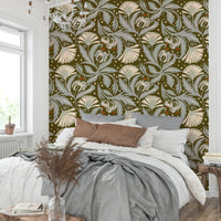 Heritage Revival wallpaper with botanical olive bronze print

