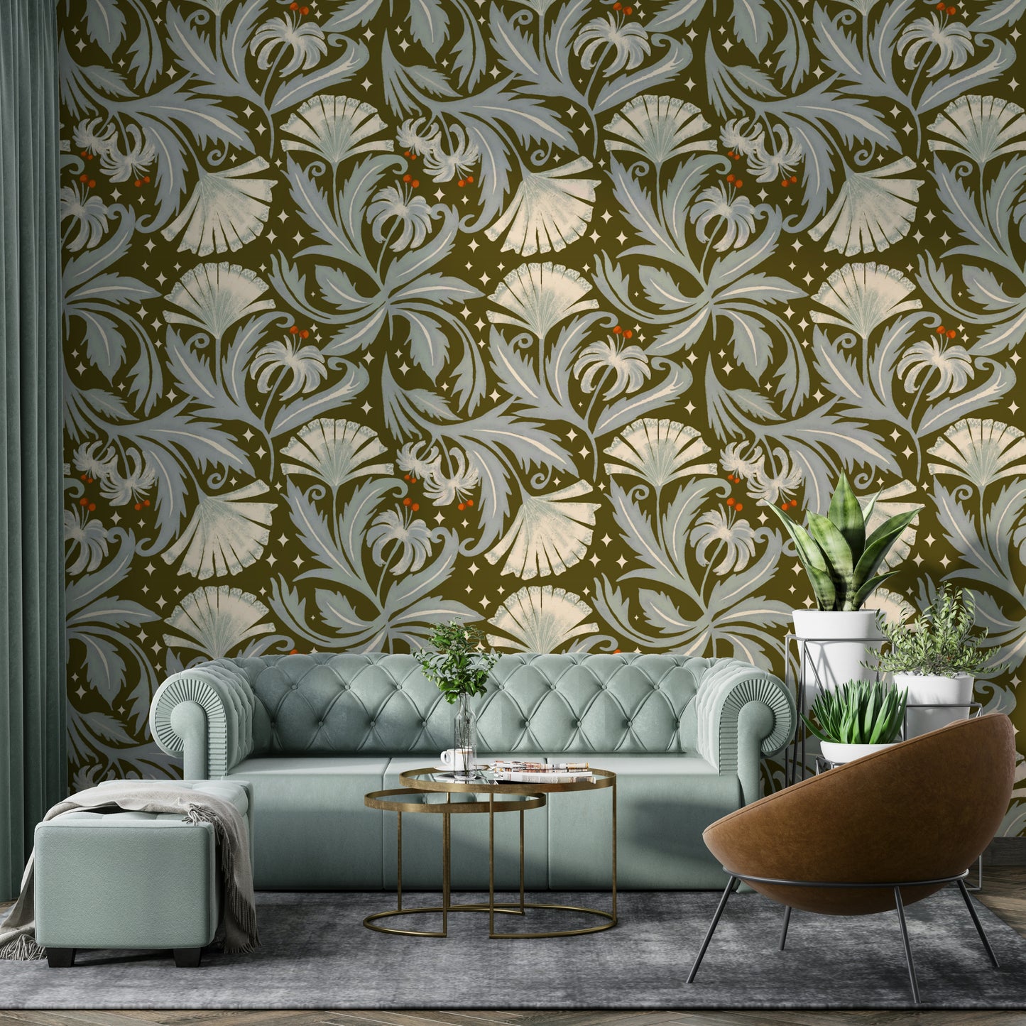 Olive bronze vintage botanical wallpaper detail

