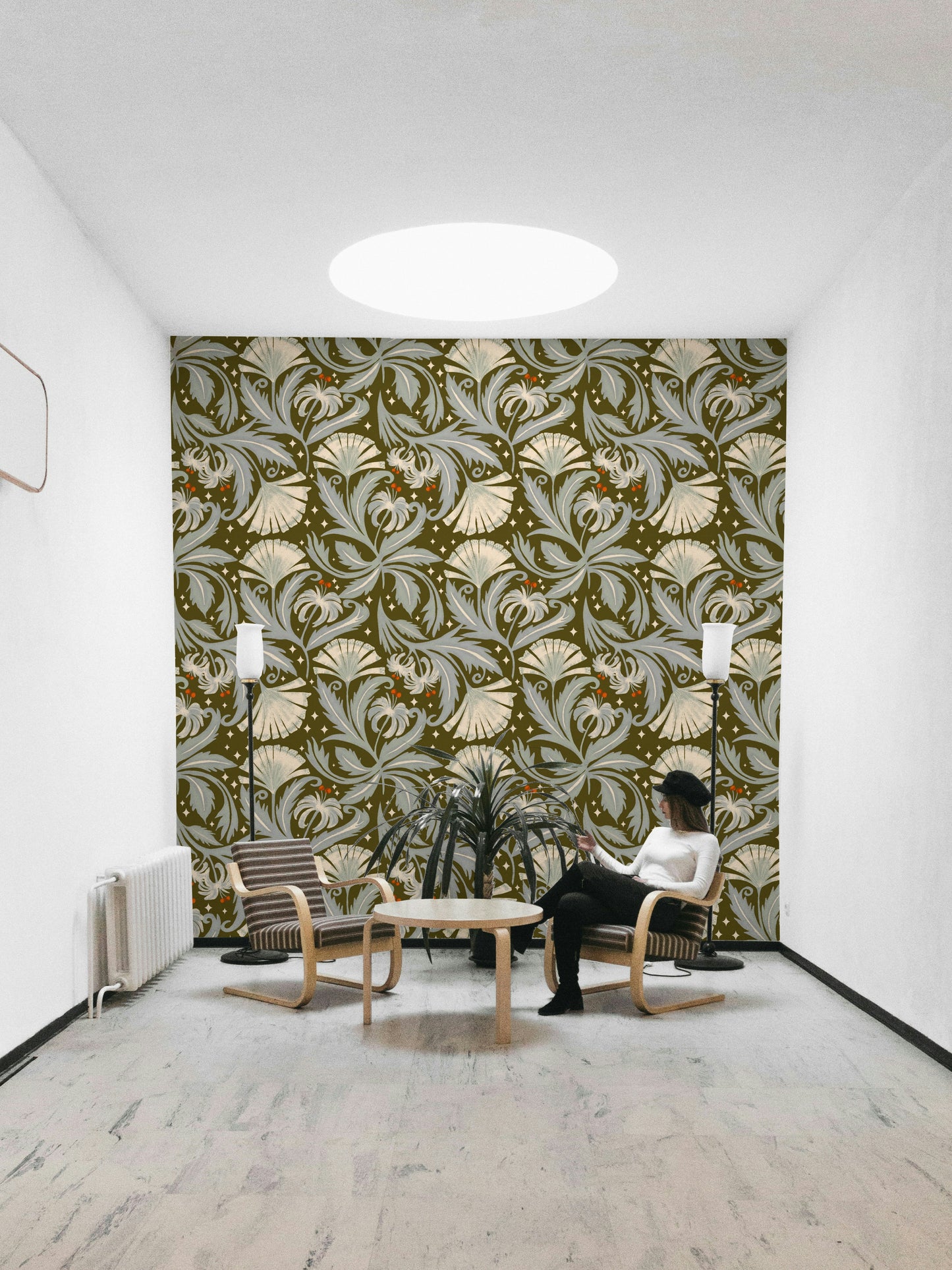 Vintage floral wallpaper with olive and bronze colors

