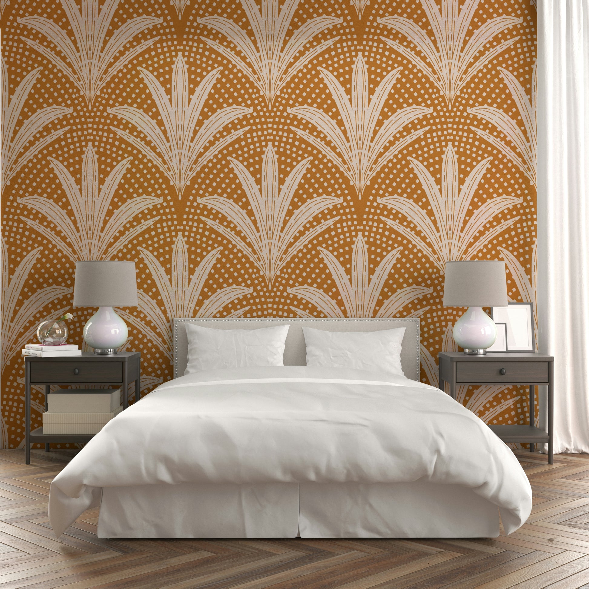 Boho chic palm leaf wallpaper in warm caramel brown

