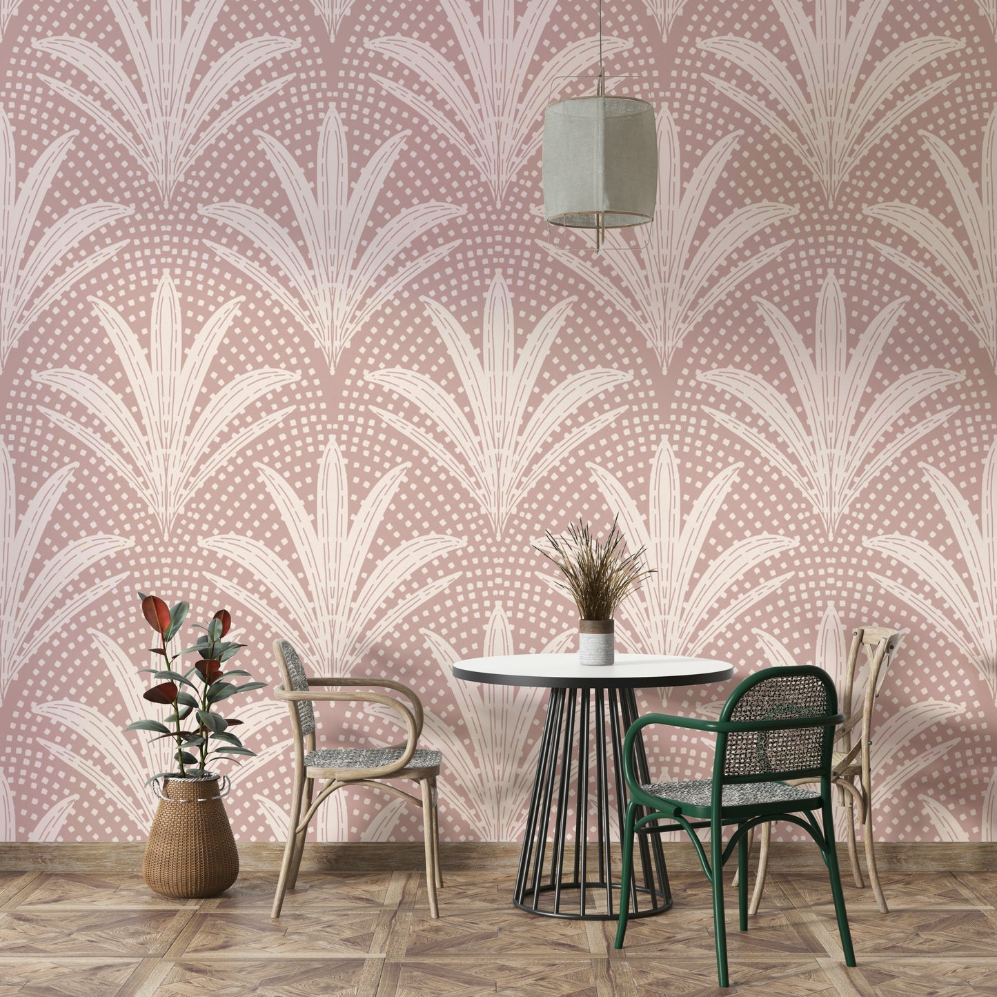 Mauve palm leaf wallpaper with boho rustic style

