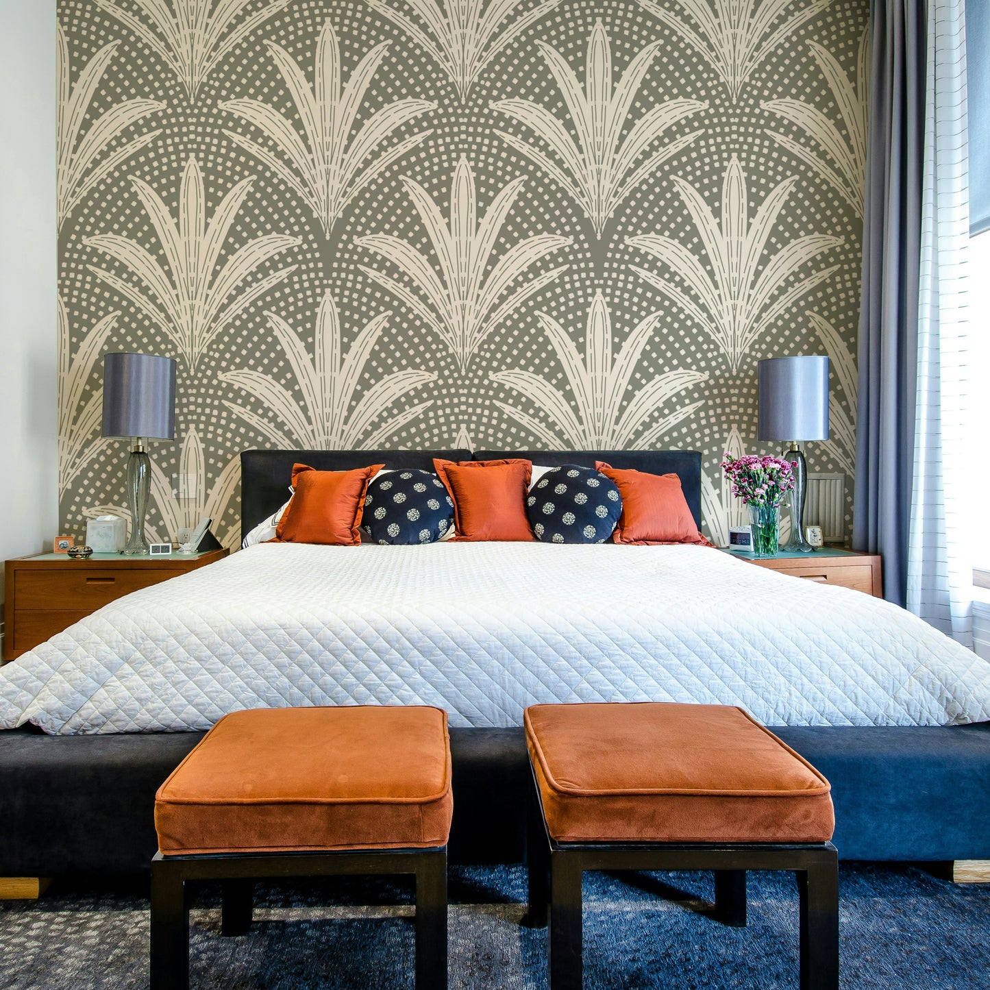 Subtle grey wallpaper with boho rustic palm prints

