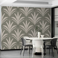 Grey boho wallpaper featuring palm leaf motifs

