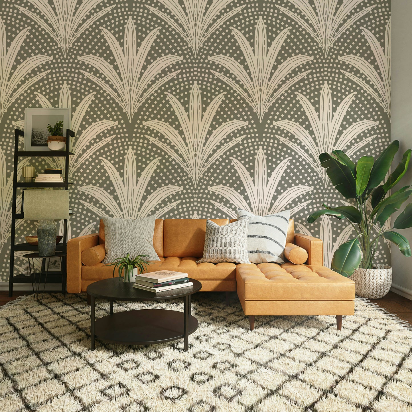 Muted grey palm wallpaper for boho rustic interiors

