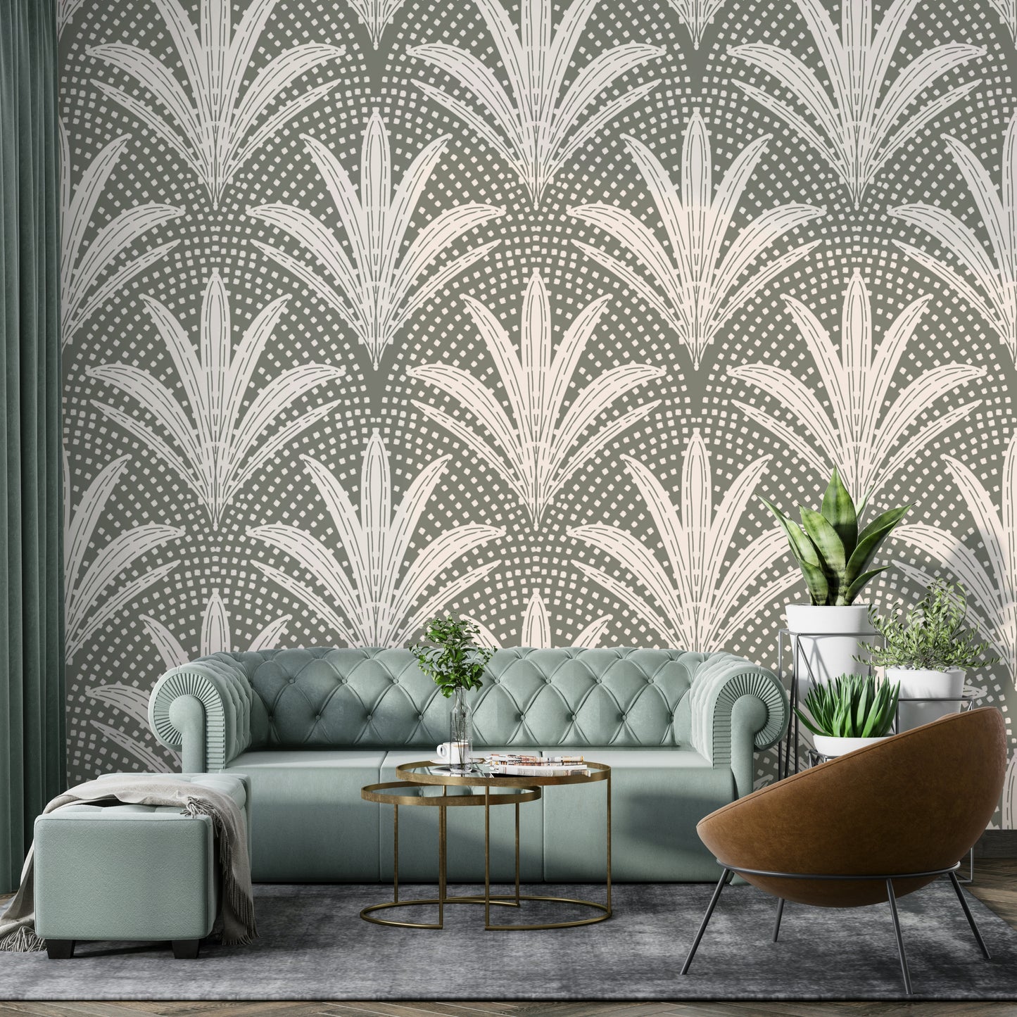 Palm leaves wallpaper with a muted rustic grey look

