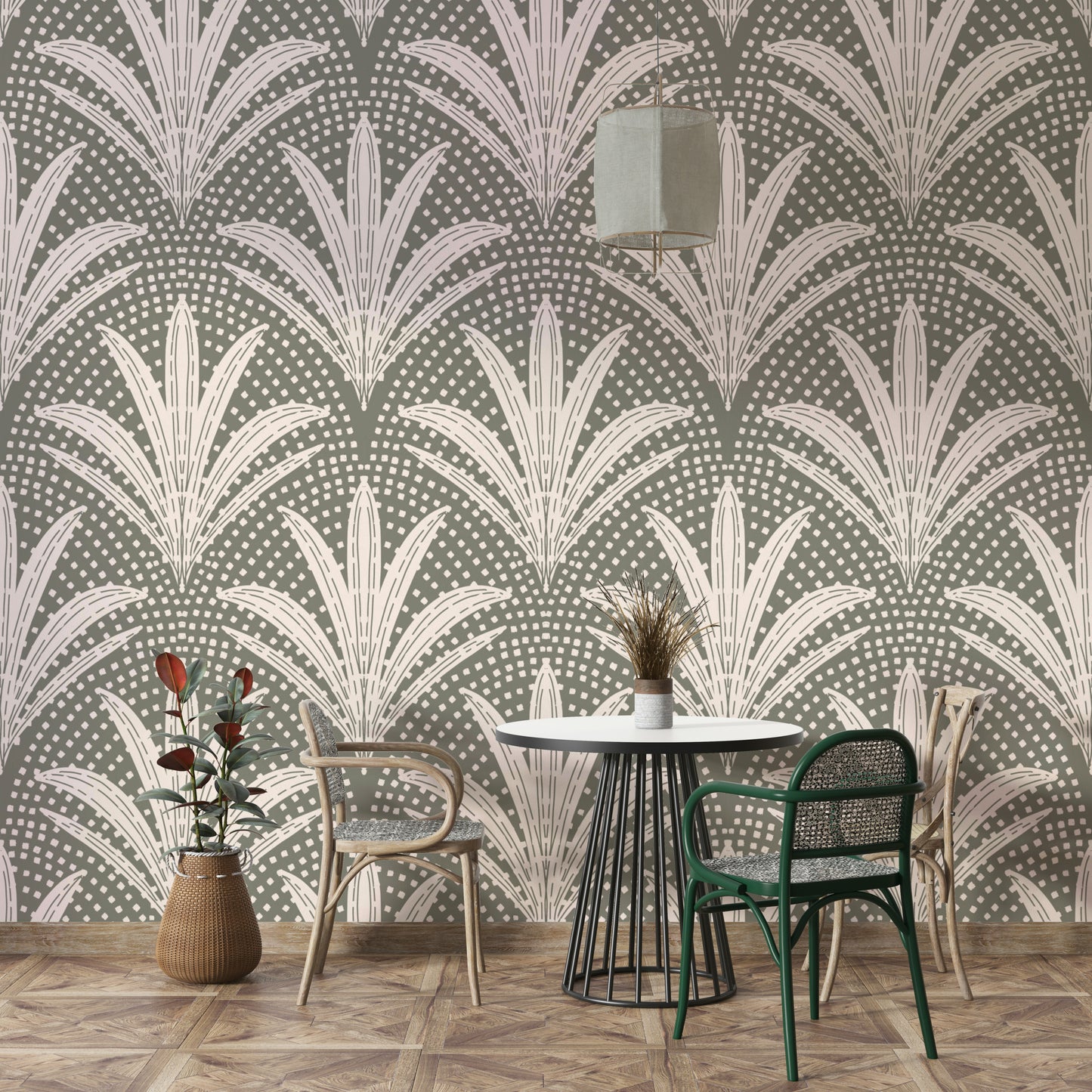 Muted grey wallpaper with boho rustic palm design

