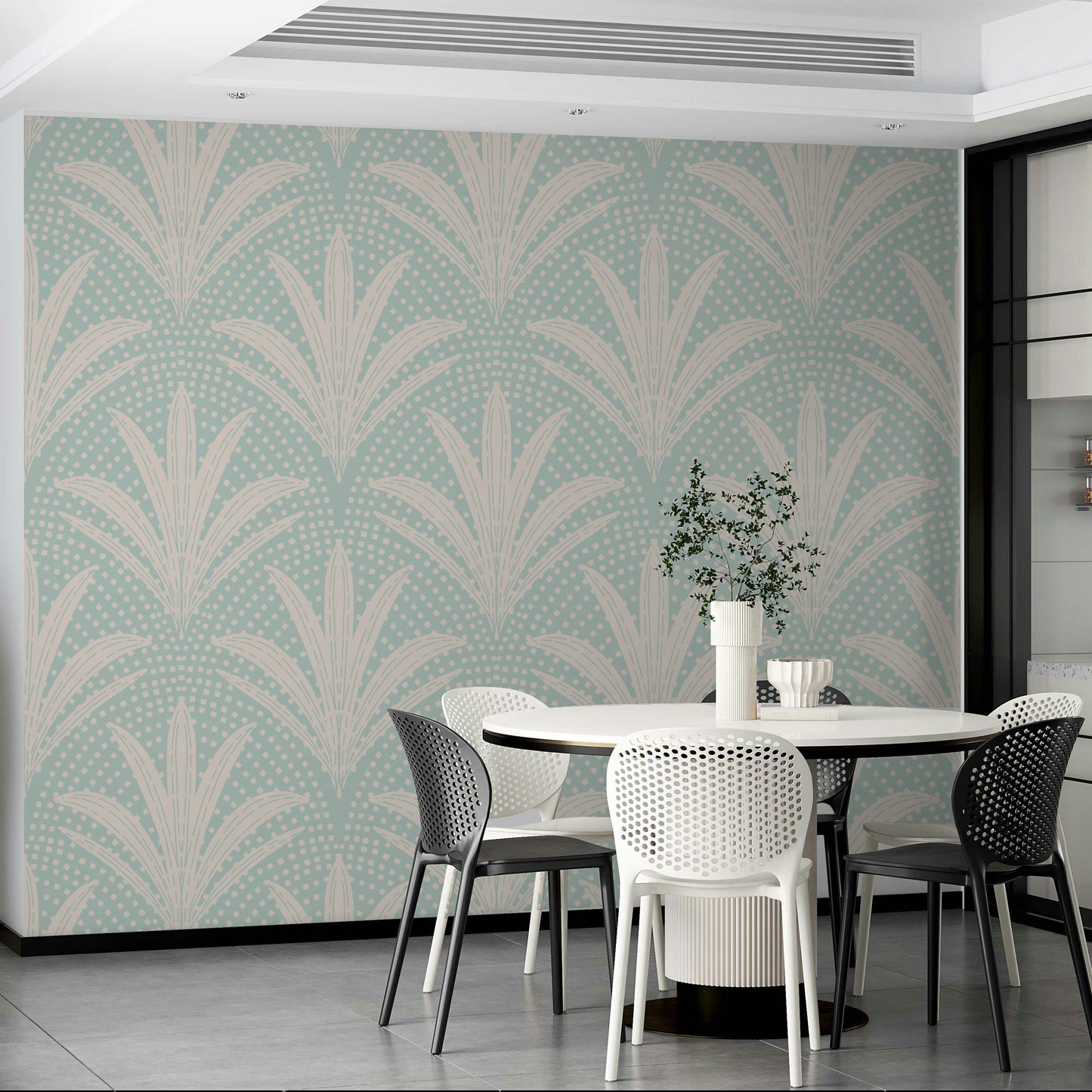 Rustic palm leaf design wallpaper with soft blue hues

