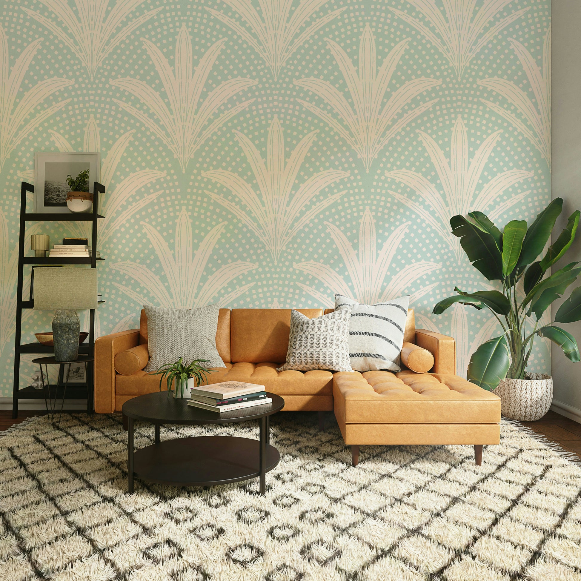 Elegant boho wallpaper with rustic palm leaf print

