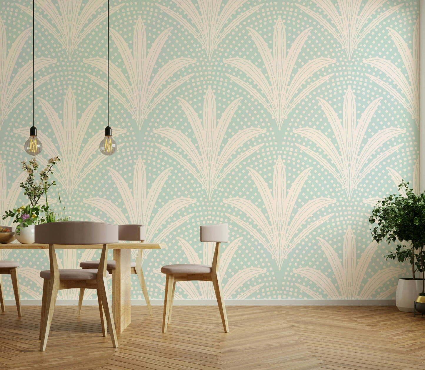 Soft blue rustic palm wallpaper for cozy interiors

