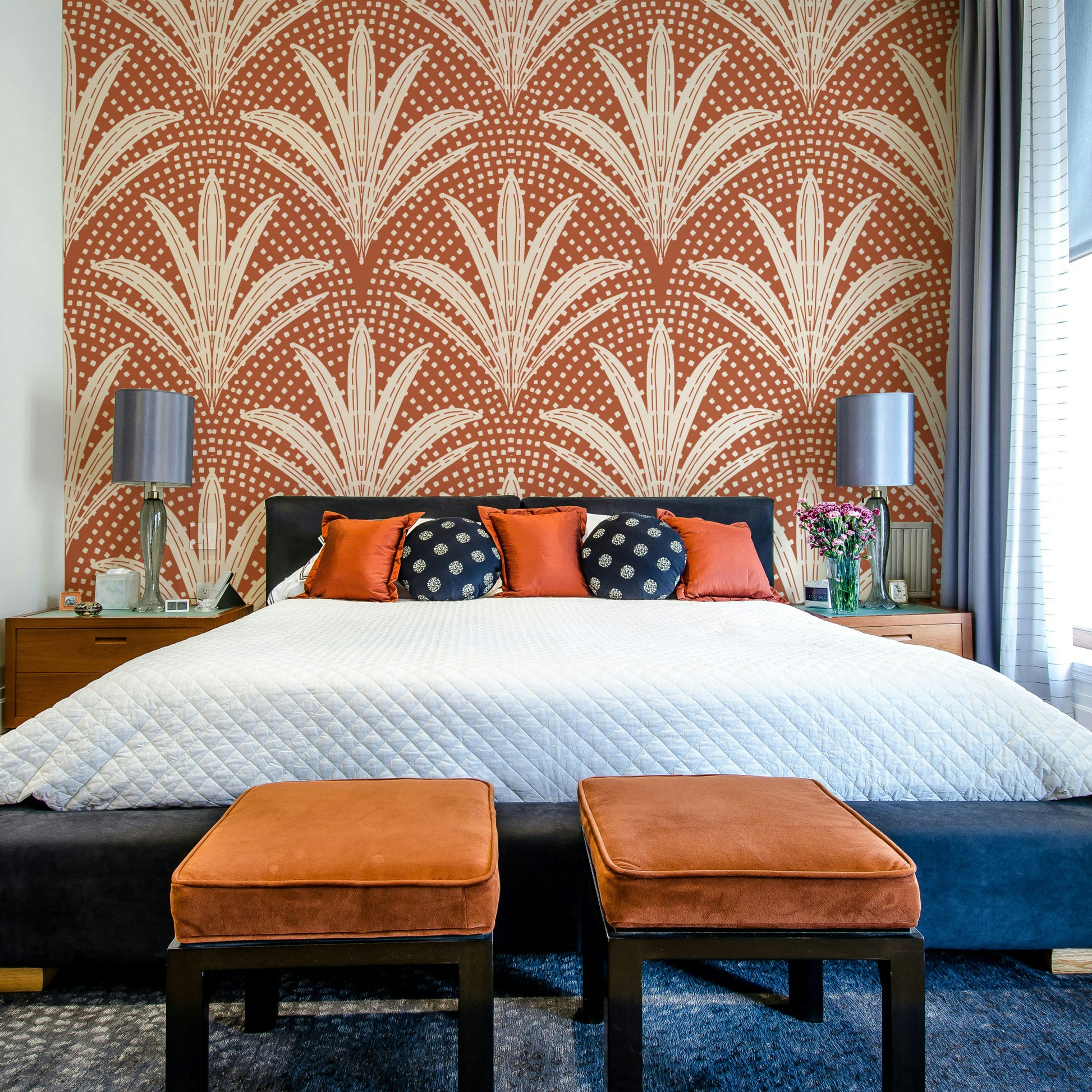 Earthy terracotta wallpaper with rustic palm motifs


