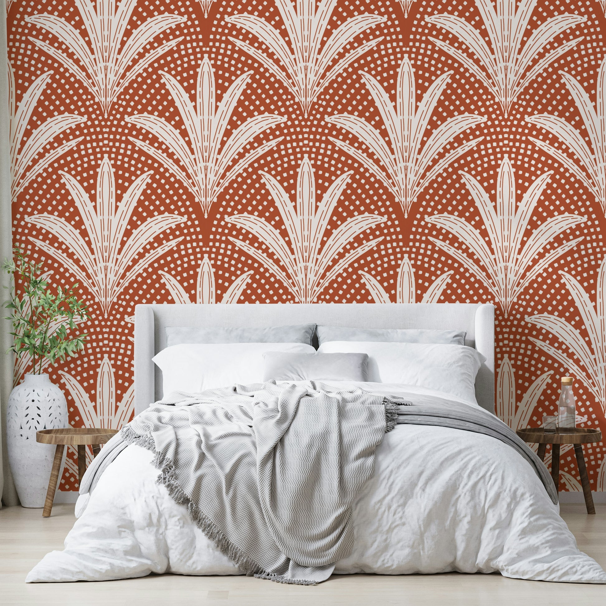 Warm terracotta wallpaper with boho palm design

