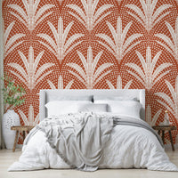 Warm terracotta wallpaper with boho palm design

