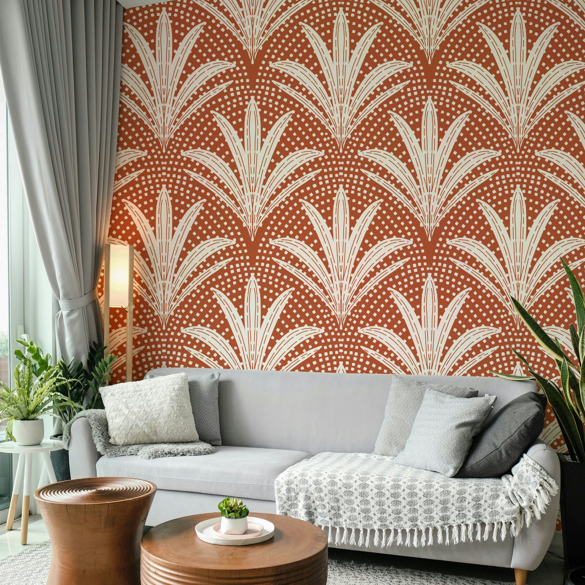 Boho rustic terracotta wallpaper with natural palm design

