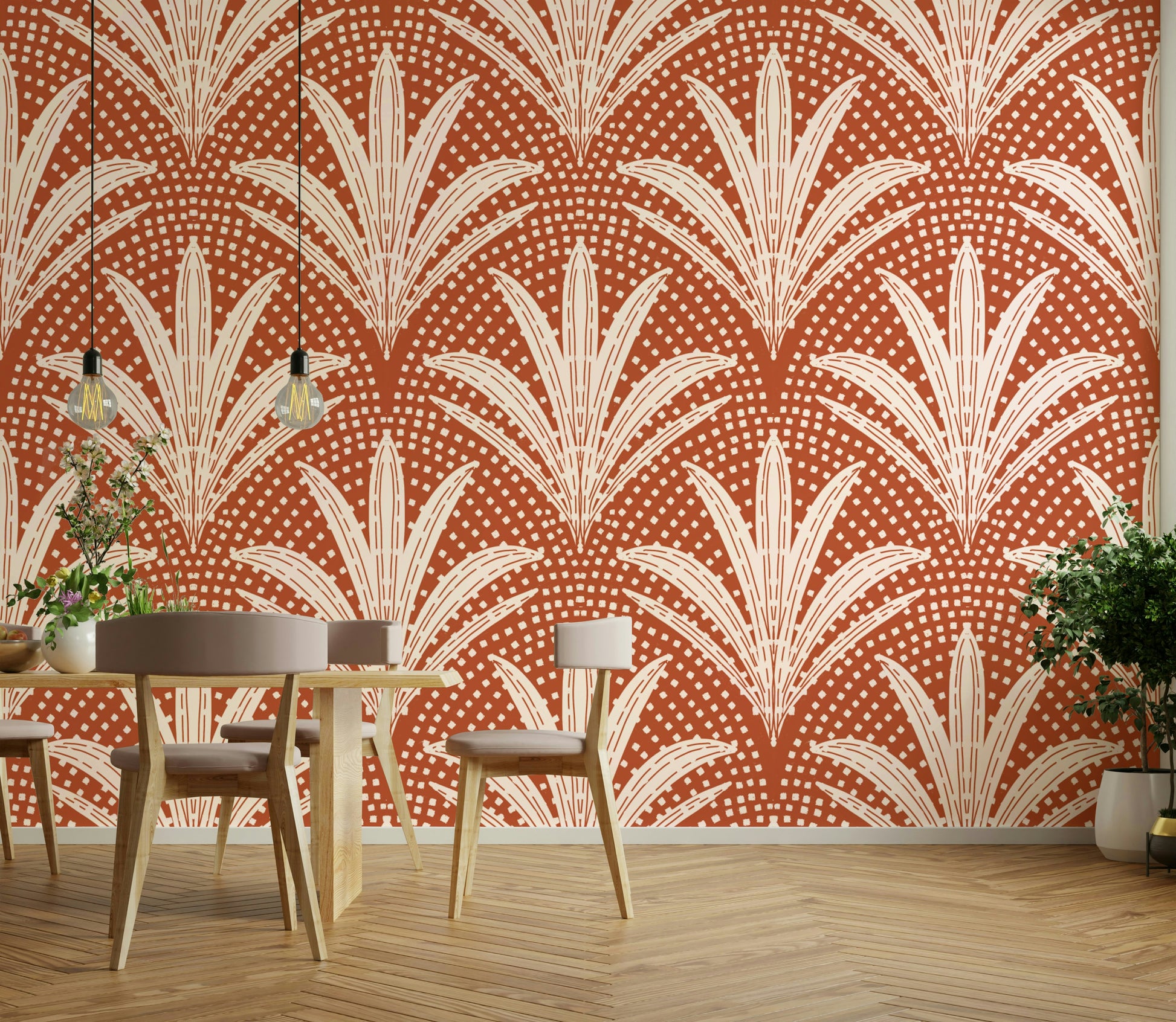 Rustic terracotta wallpaper decorated with palm leaves

