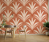 Rustic terracotta wallpaper decorated with palm leaves

