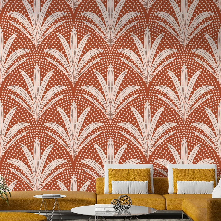 Boho chic terracotta wallpaper with palm leaf accents

