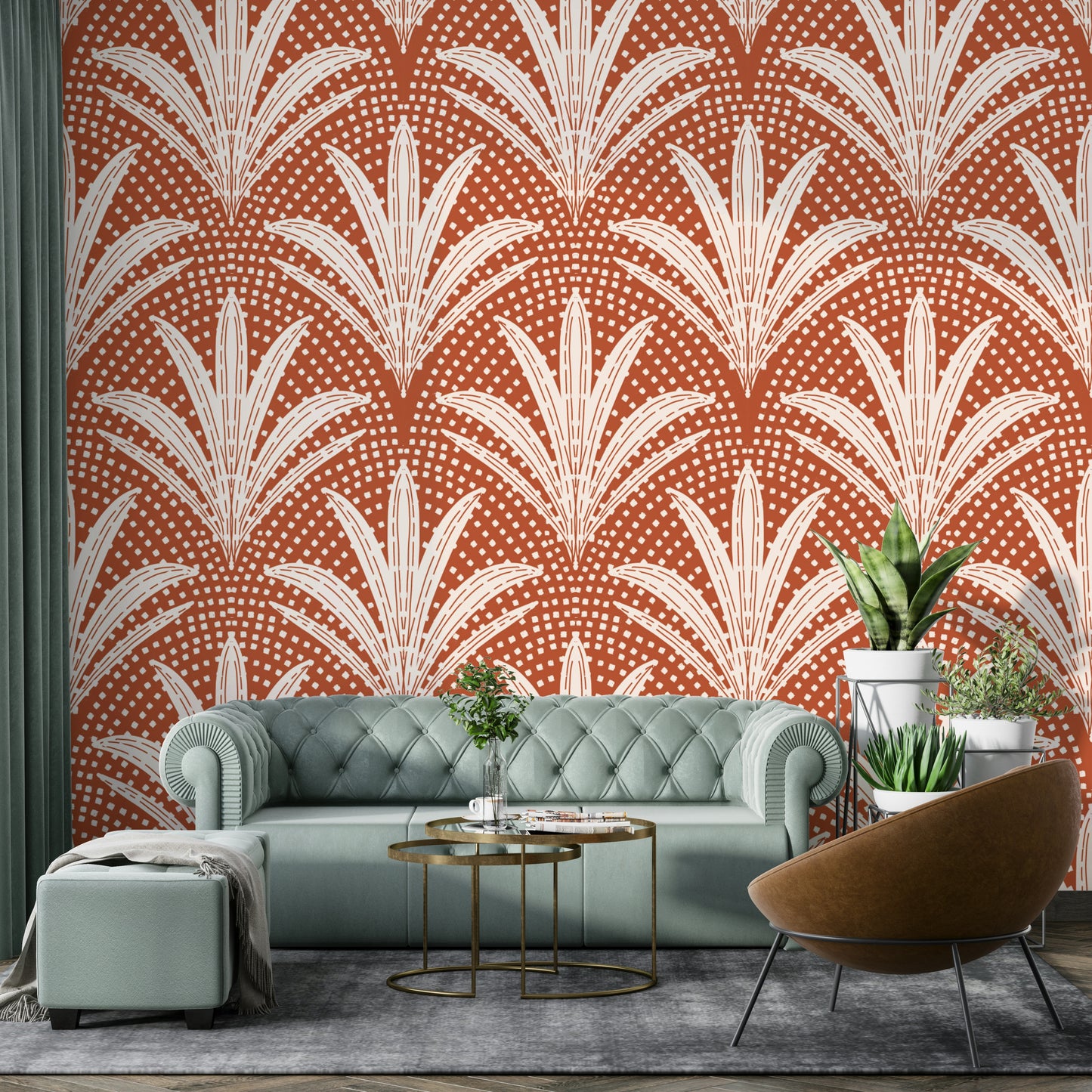 Palm leaf wallpaper in warm terracotta boho style

