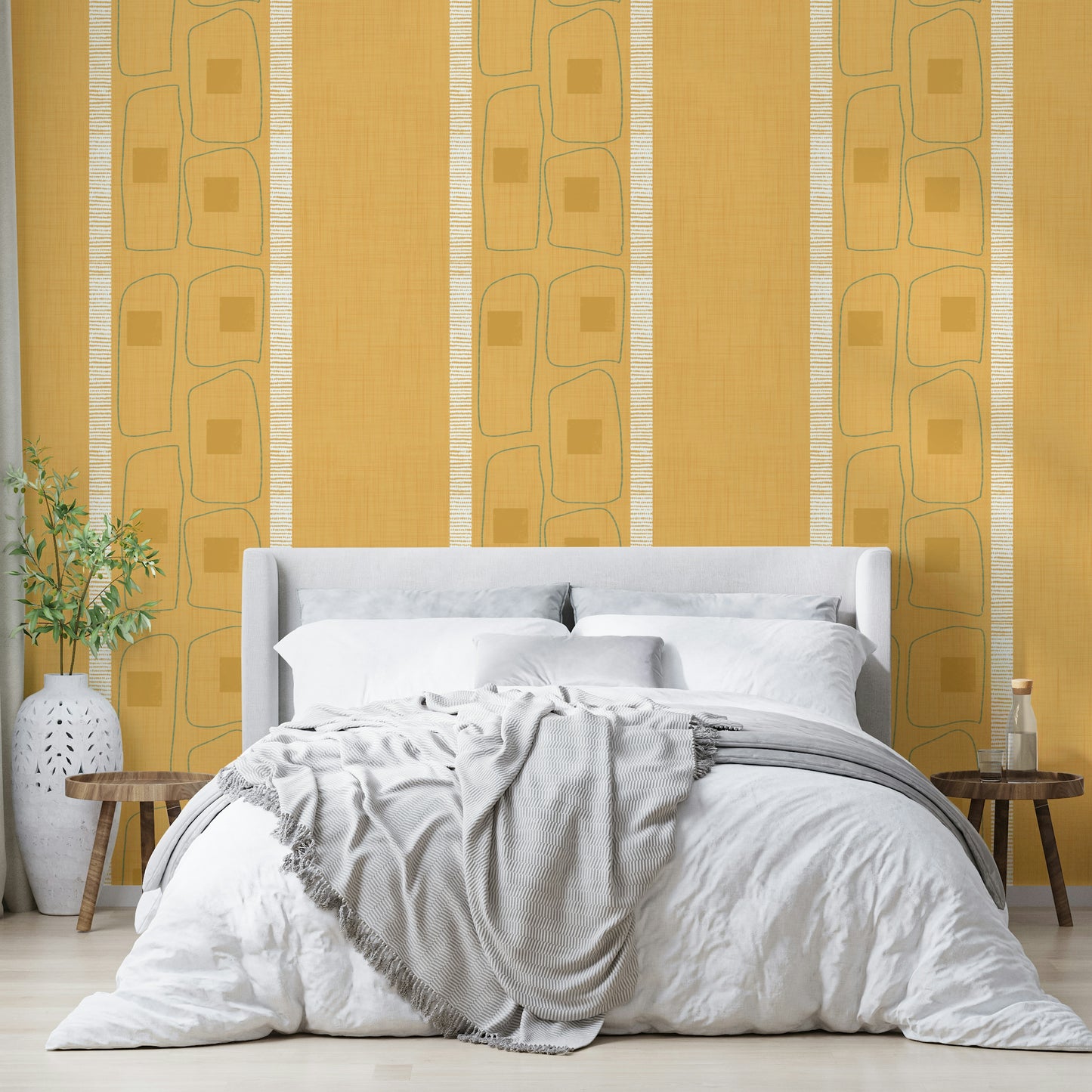 Japandi-inspired wallpaper with subtle golden ochre lines

