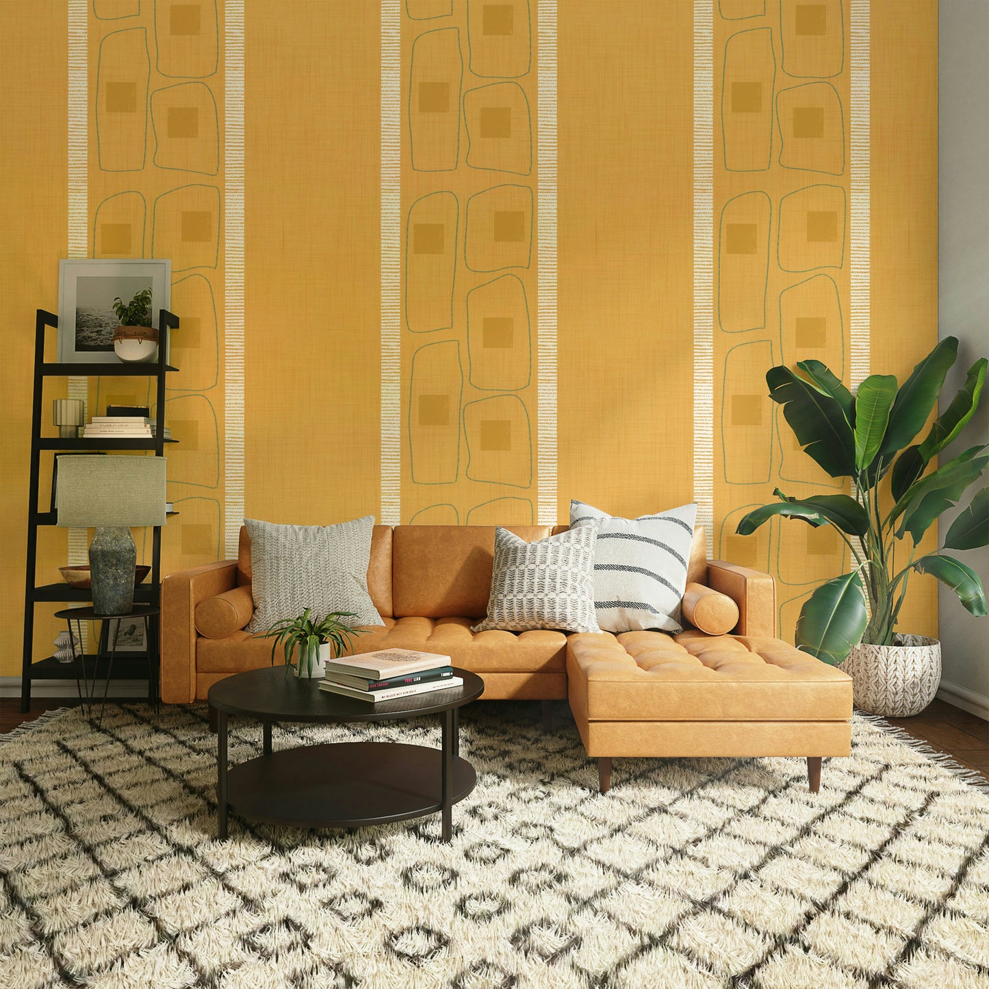 Modern Japandi style golden ochre frame lines wallpaper


