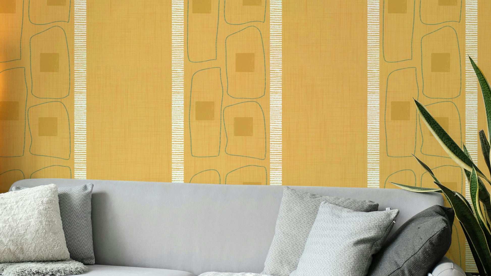Japandi frame lines wallpaper in golden ochre shade

