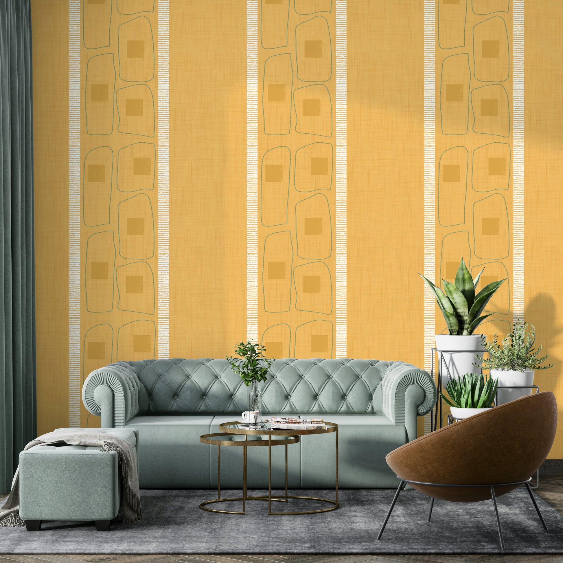 Minimalist Japandi wallpaper with golden ochre stripes


