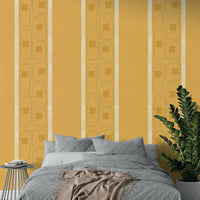 Golden ochre striped wallpaper in Japandi design

