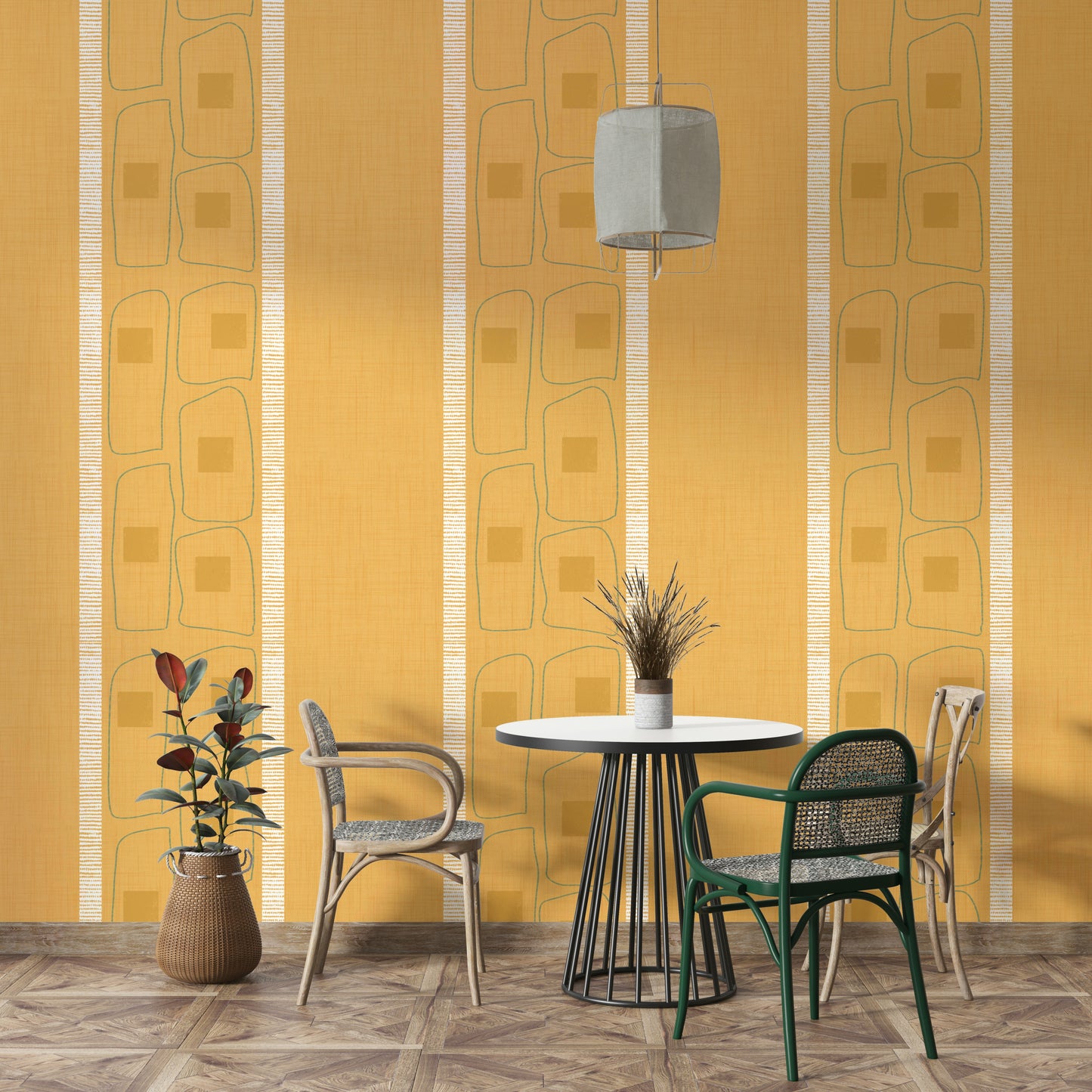 Elegant Japandi wallpaper with golden ochre frame lines

