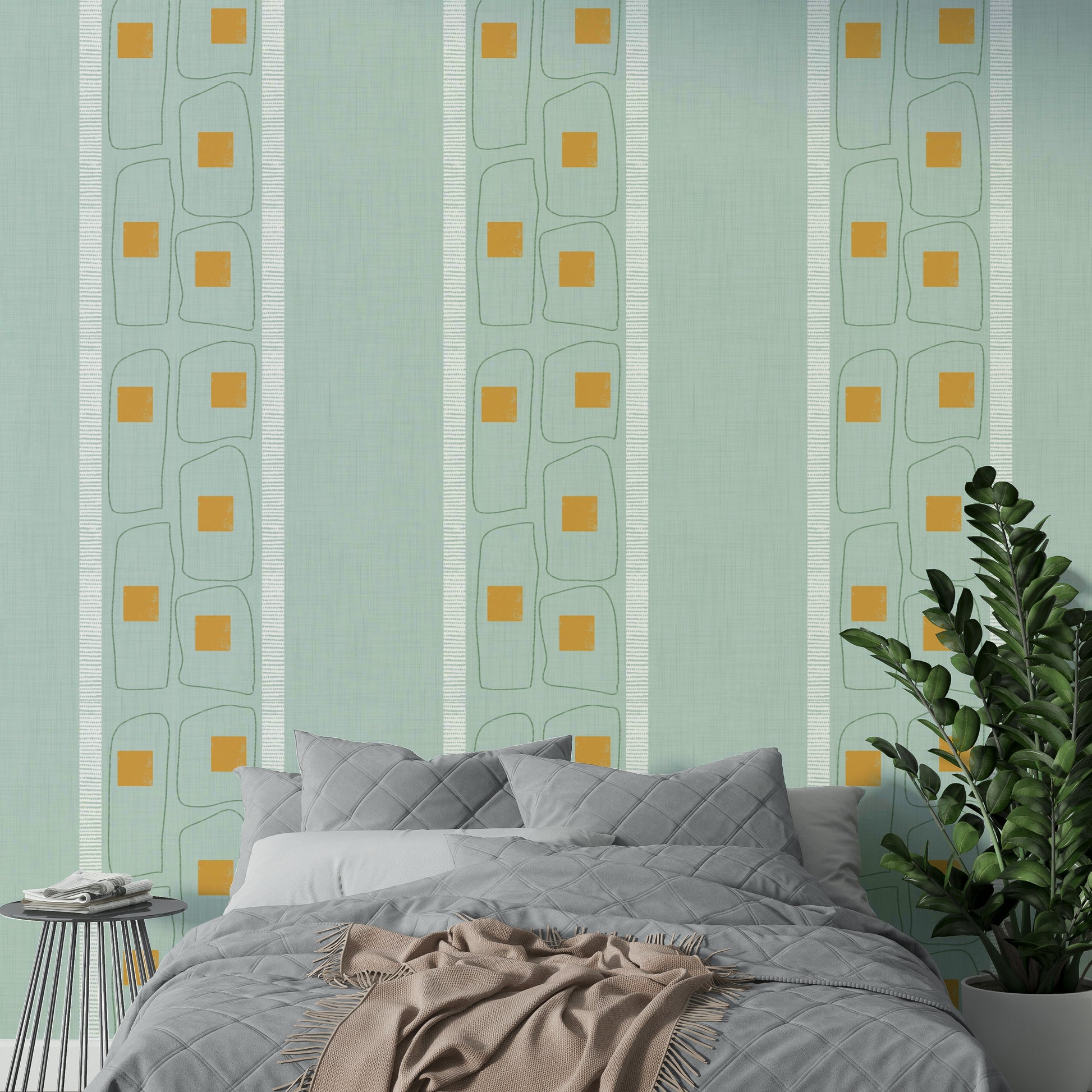 Modern Japandi frame line wallpaper in soft blue shade


