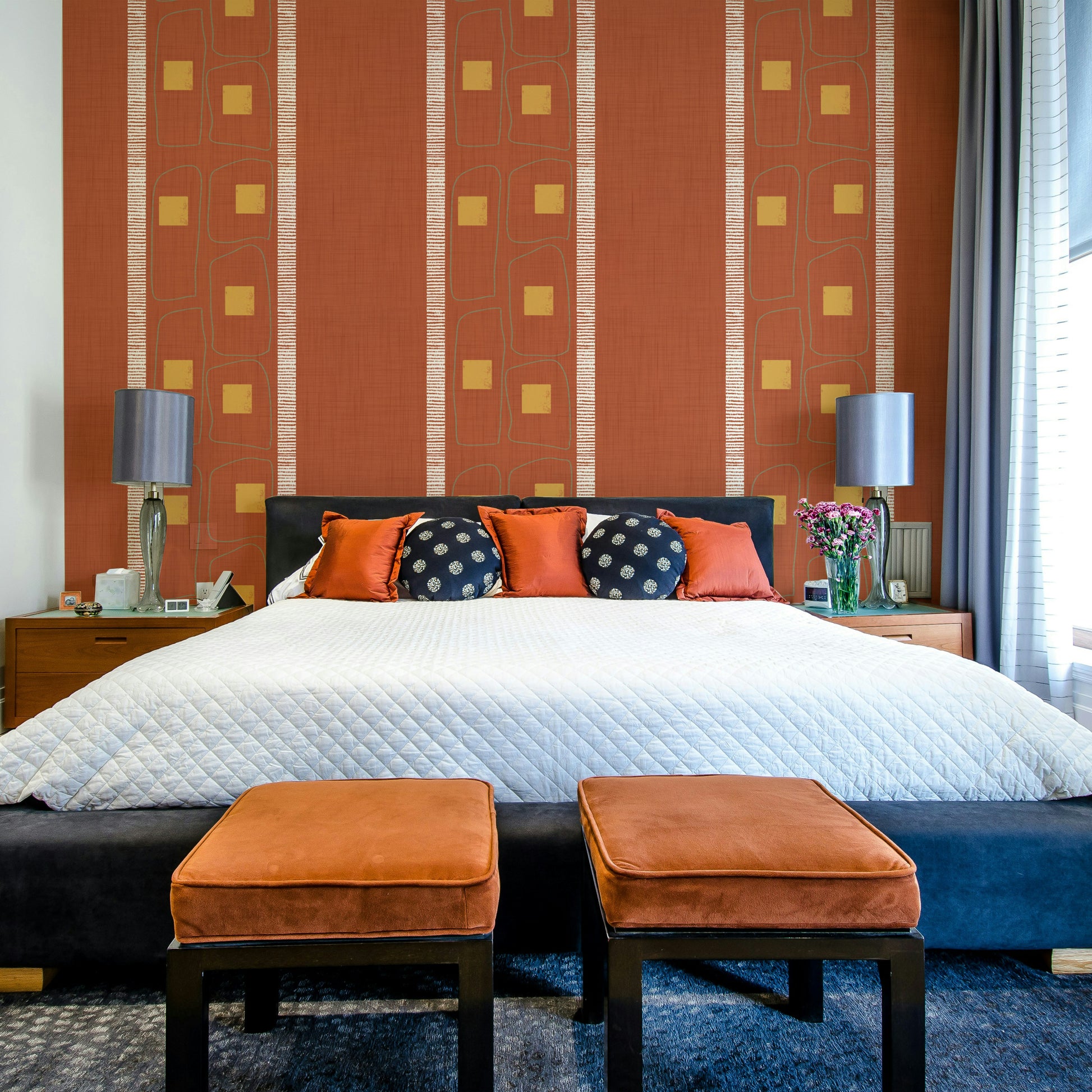 Modern Japandi wallpaper in terracotta with subtle lines

