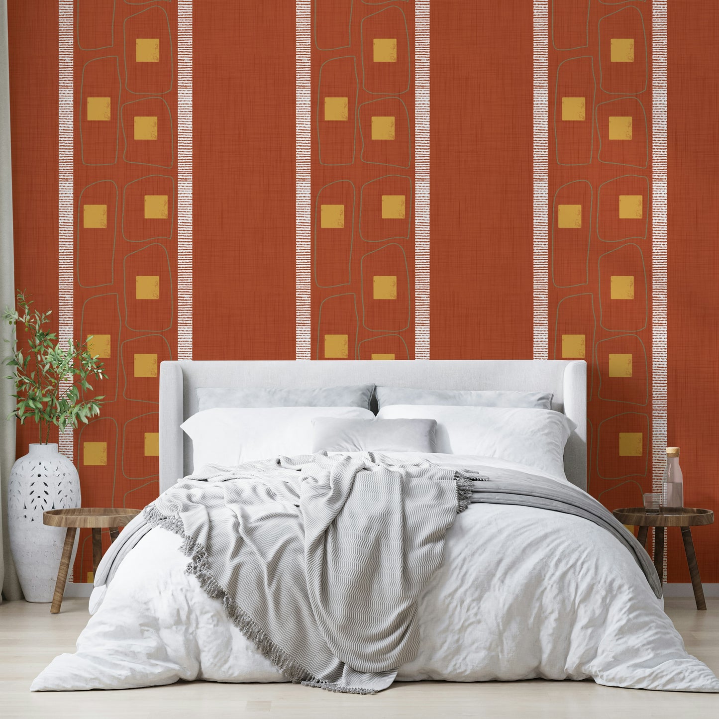 Soft terracotta Japandi wallpaper featuring frame patterns

