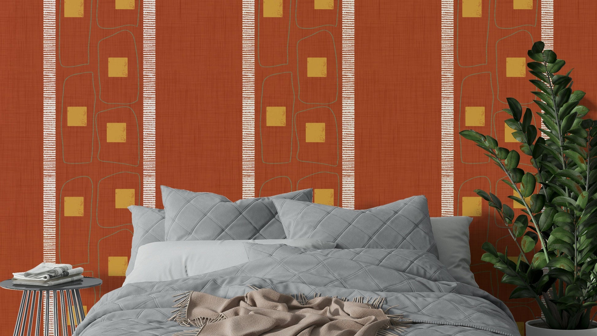 Japandi terracotta wallpaper with minimalist frame lines

