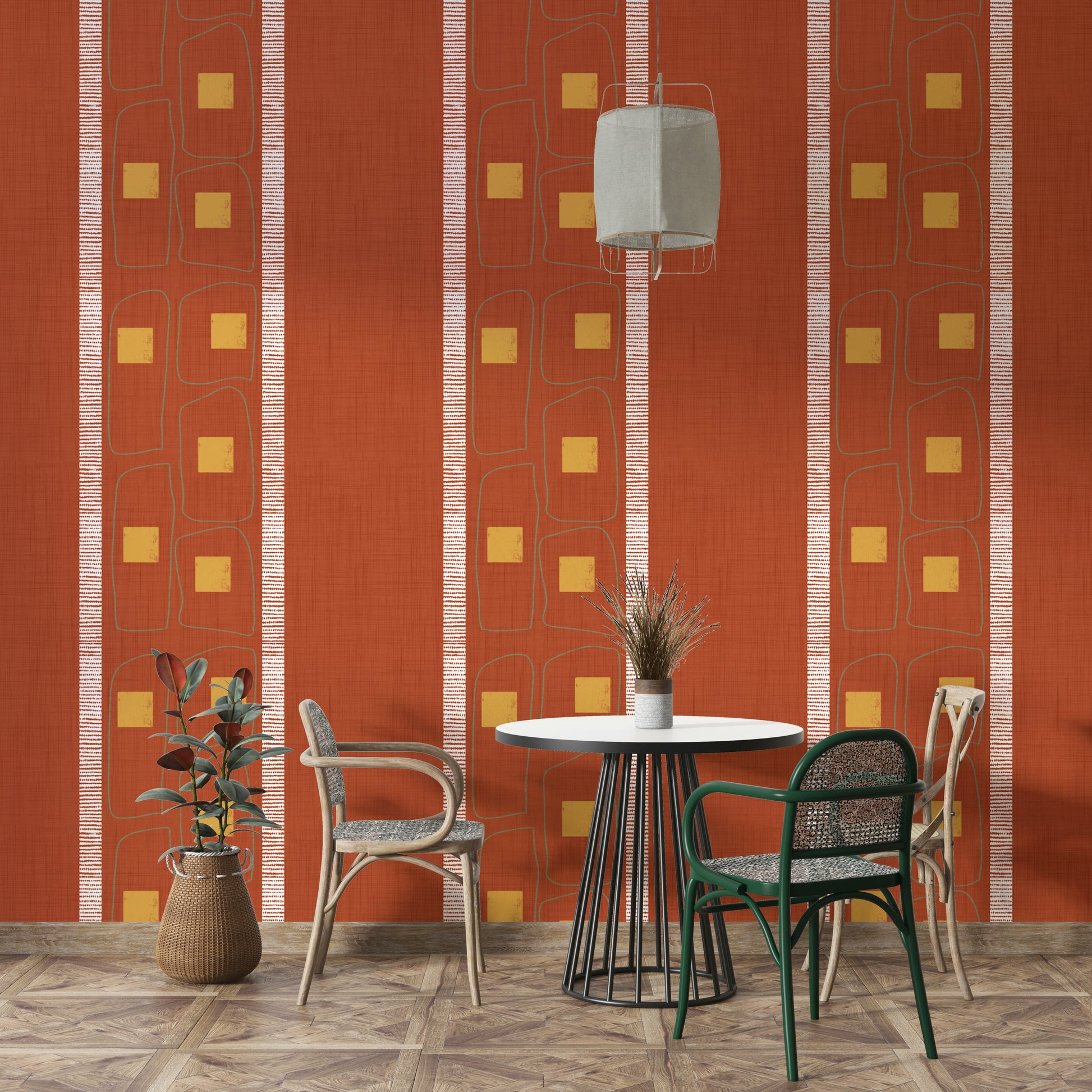 Simple terracotta wallpaper with elegant Japandi frame lines

