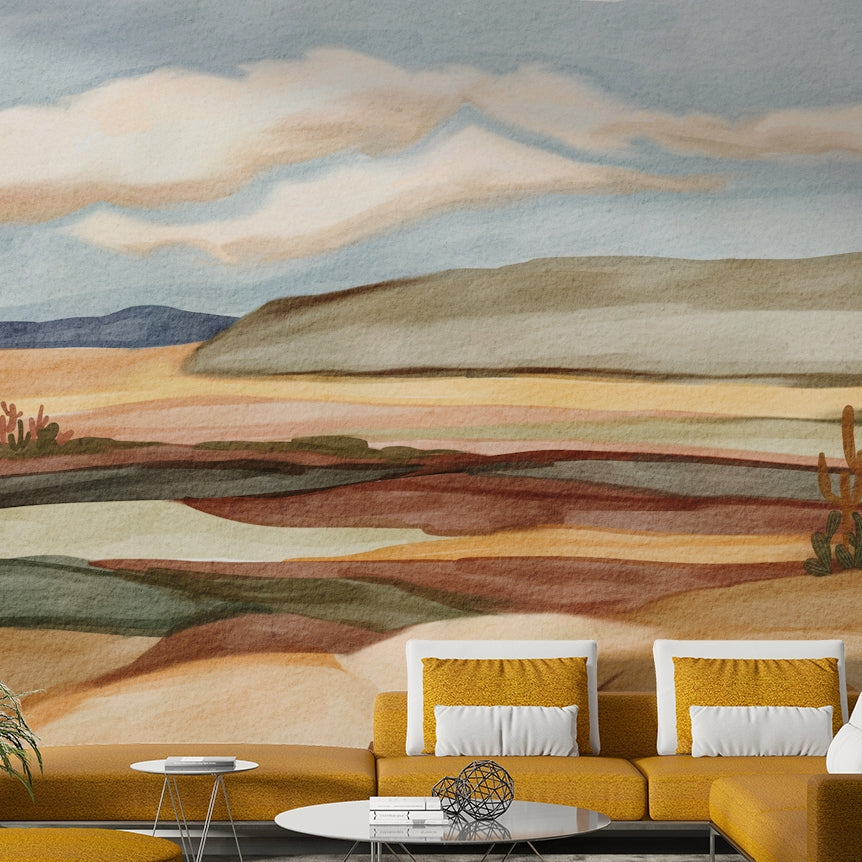 Soft movement wall mural behind wooden furniture

