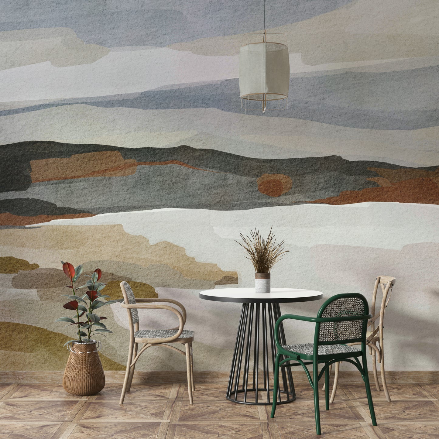 Living room styled with abstract mountain mural

