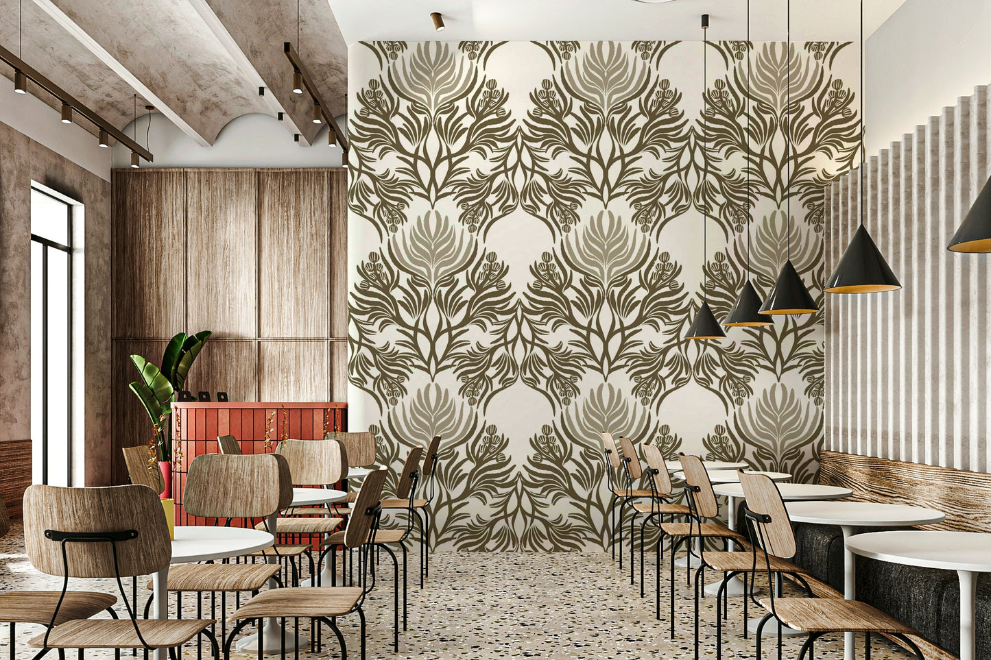 Wall mural with repeating botanical shapes

